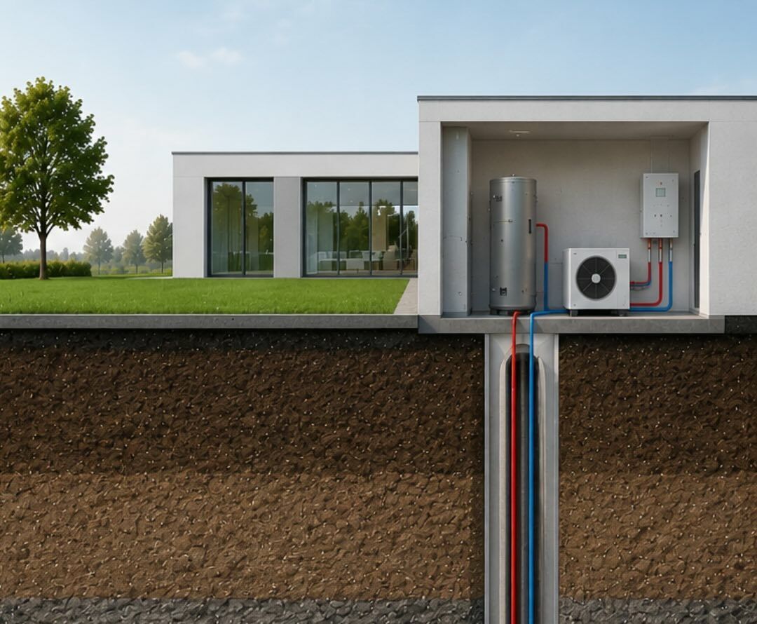 Erdsonde mit vertikaler Tiefenbohrung und Anbindung an die Wärmepumpe eines Gebäudes