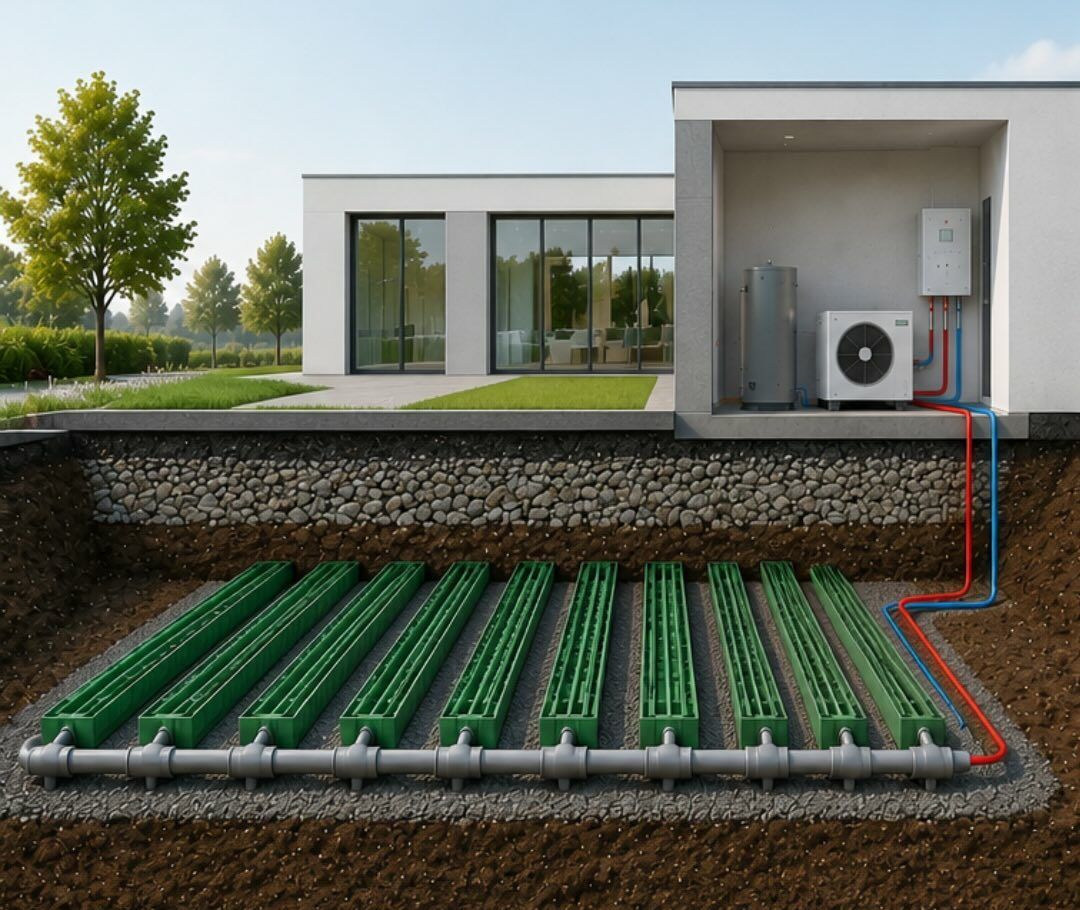 Erdwärme-Flächenkollektoren im Erdreich mit Anbindung an die Wärmepumpe eines Gebäudes