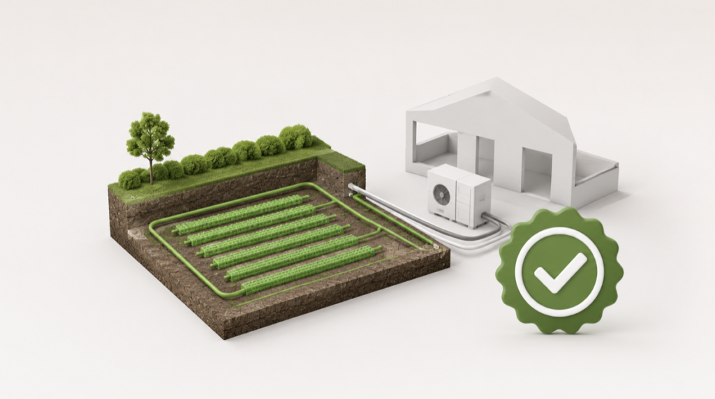 Geothermisches Flächenkollektorsystem mit Kollektoren und Wärmepumpe